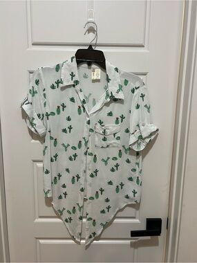 White Cactus Print Short Sleeve Button-Up Shirt-tie up ends